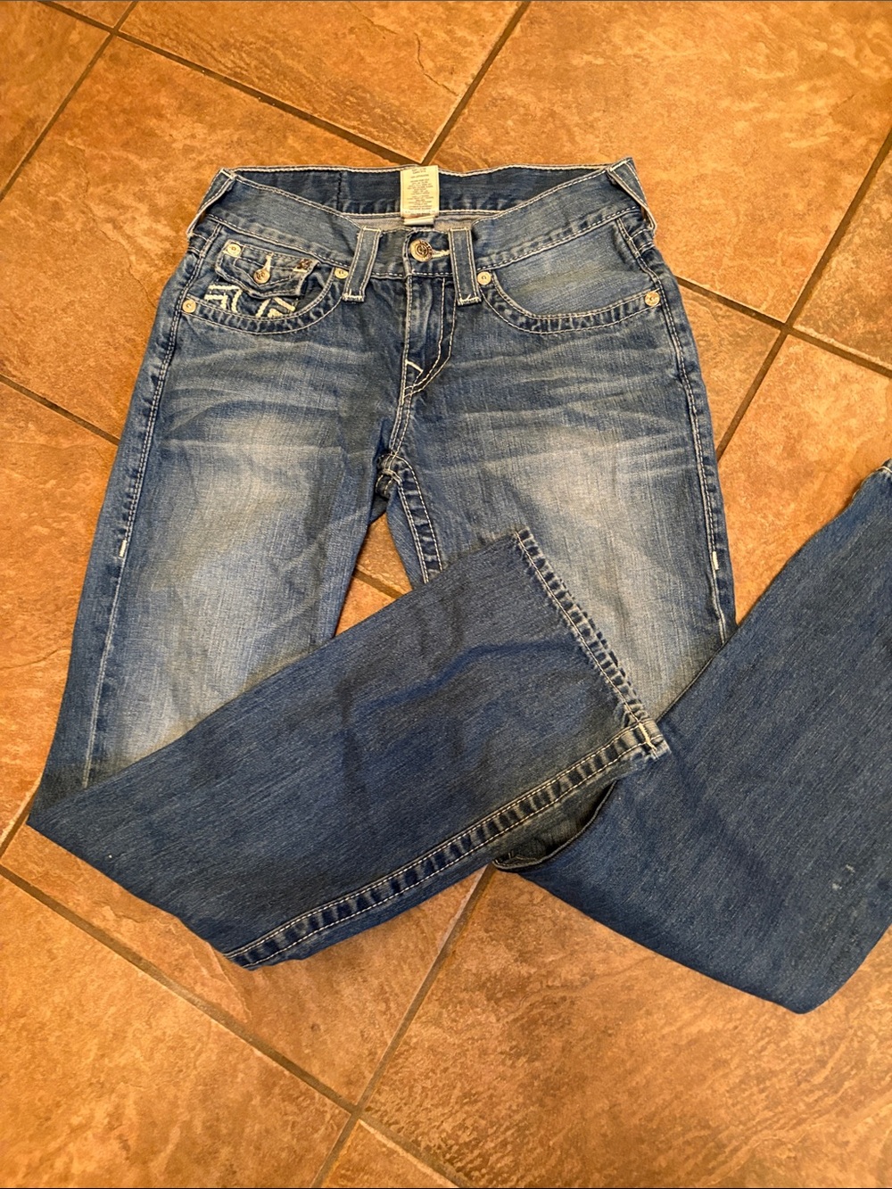 True Religion Blue Boot Cut Jeans with Signature Stitching
